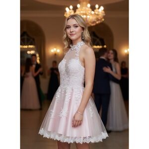 Babyonline D.R.E.S.S. Pink Lace Halter Neck Fit Flare Cocktail Homecoming Dress